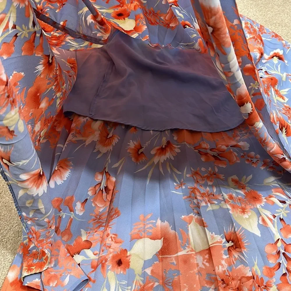 Halogen Floral Blue Pink Lined Spring Pleated Midi Women Skirt Size Small